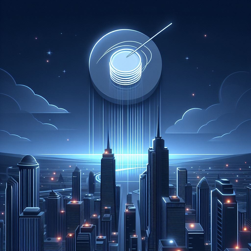 A minimalist design showcasing a futuristic cityscape with sleek skyscrapers and neon lights, symbolizing the modern and efficient development capabilities of Filament and MoonShine in Laravel.