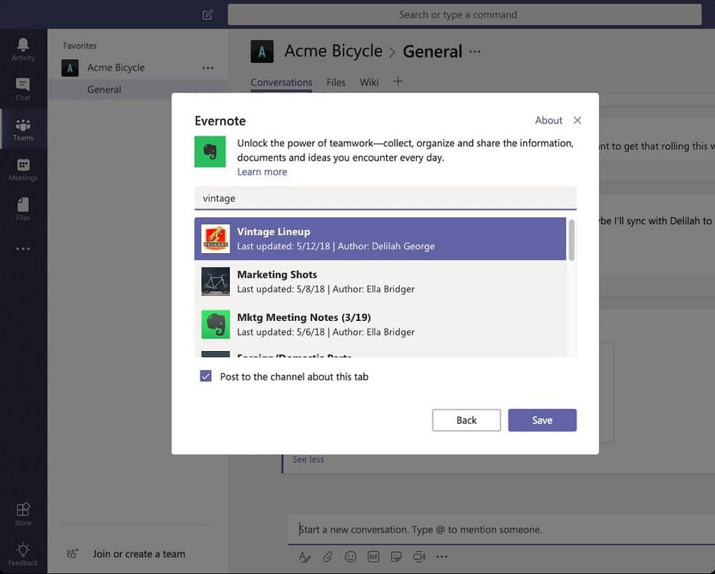 Evernote app on Microsoft Teams