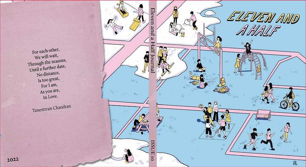Cover of Eleven and a Half’s Spring 2022 issue; Animated looking people playing in the snow on a blue and pink playground