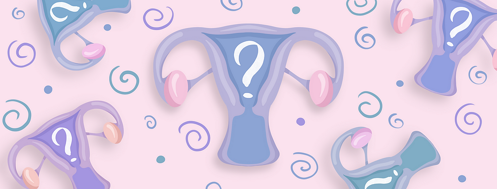 Drawing of the female reproductive system in purple and pink, with a white question mark inside the uterine cavity. The background is pale pink with blue and purple dots and spirals.