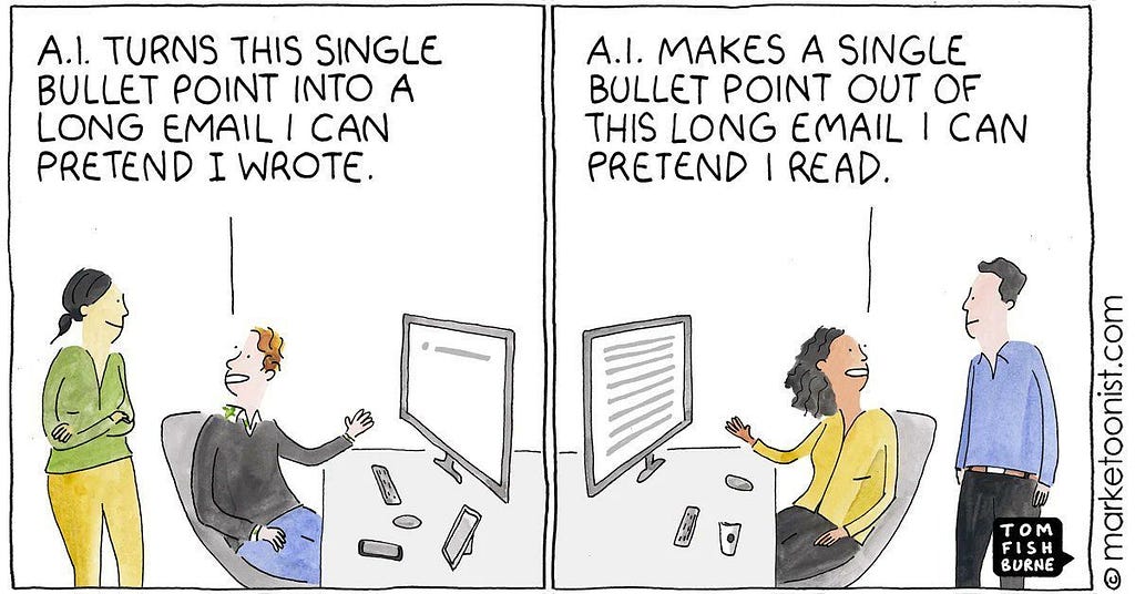 A cartoon by Tom Fishburne titled “The Two Sides of AI.” It shows a person with a long email and a single bullet point. One side says, “This AI turns this long email into a single bullet point I can pretend I wrote.” The other side says, “This AI makes a single bullet point out of this long email I can pretend I read.”