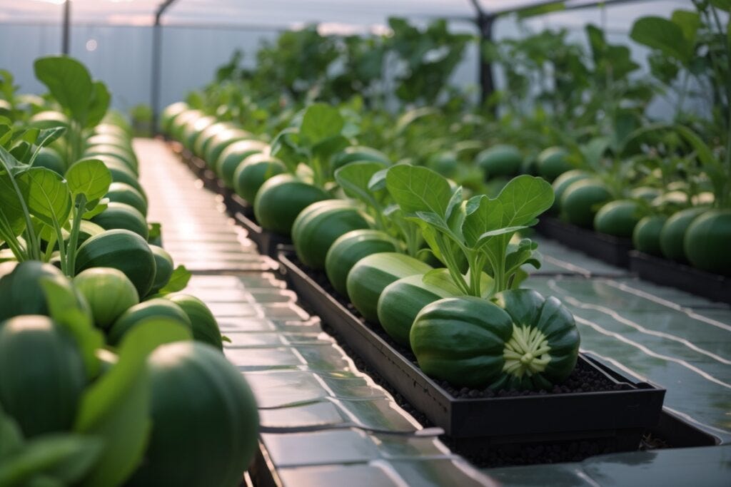 Rows of vibrant green zucchinis and leafy plants growing in a modern hydroponic farm greenhouse.