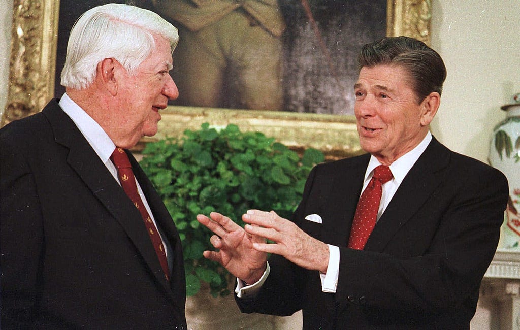 President Ronald Reagan, right, talks with House Speaker Thomas “Tip” O’Neill Jr. D-Mass., in the Oval Office of the White House in November 1985.