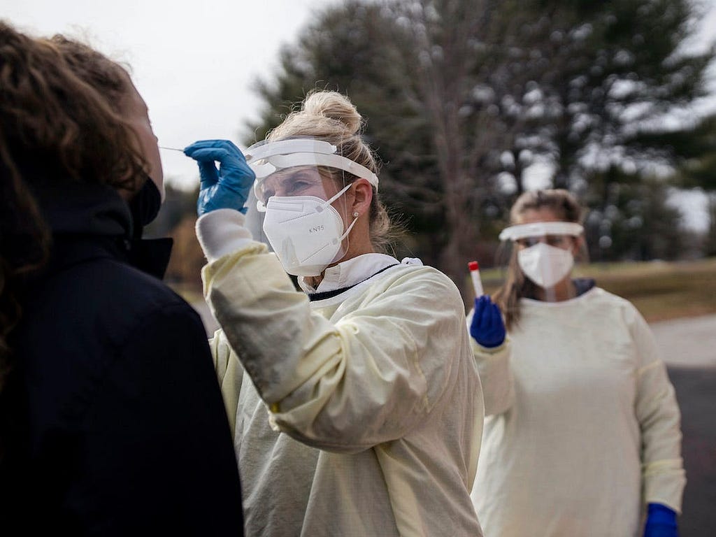 Students get tested for the coronavirus at St. Joseph’s College in New York.