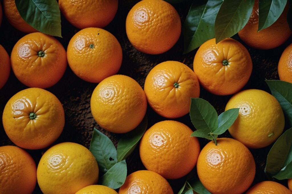Hydroponic oranges with leaves scattered on a dark surface, viewed from above.