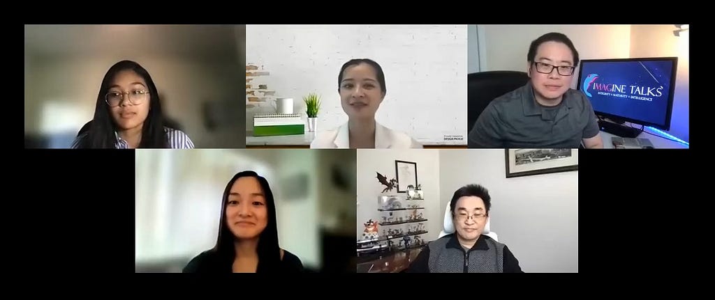 A screenshot from a Zoom call with Michelle Sahai, Jill Chang, Steven Chan, Tammy Tran & Francis Kong.
