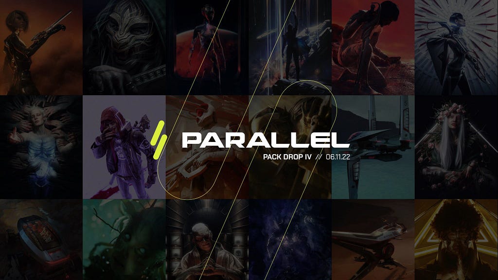 Text that says “Parallel Pack drop IV // June 11th 2022” with various parallel cards semi-transparent in the background
