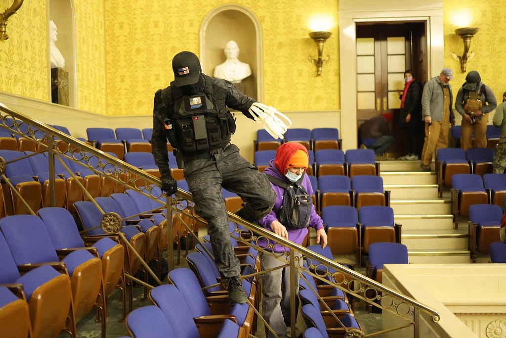 Protesters enter the Senate Chamber on January 06, 2021 in Washington, DC.