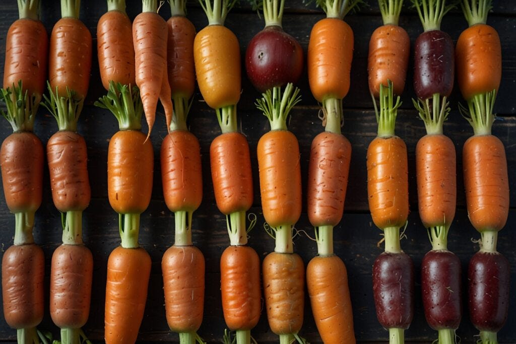 Rows of colorful hydroponic carrots with varying shades, from orange to purple, arranged horizontally on a dark wooden background.
