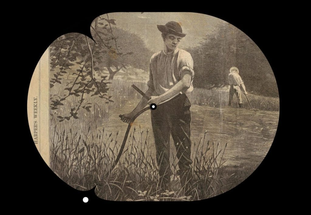 A black and grey illustration from what looks like a book or newspaper page of a man with his sleeves rolled up, holding a scythe, cutting grass. He’s wearing a dark hat and dark trousers. There is another figure doing similar work in the background.