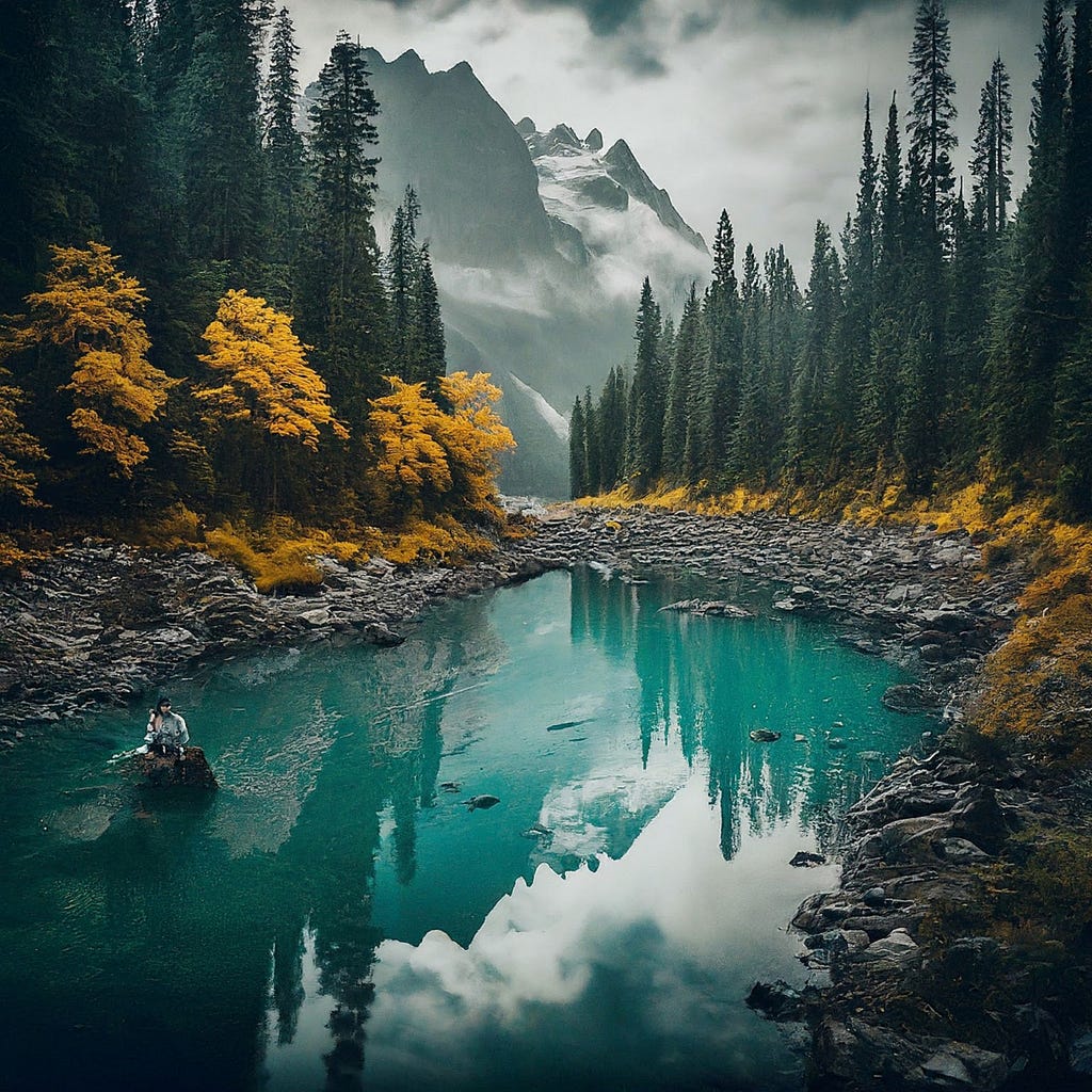 A breathtaking view of a serene mountain landscape with a turquoise blue river flowing through the center, surrounded by rocks and dense forests of tall, dark green pine trees and bright yellow deciduous trees indicating autumn season. A person is sitting on a rock in the middle of the river, immersed in the natural beauty around them. Majestic mountains partially covered in mist add a mystical touch to the scene, under an overcast sky casting soft light over the entire landscape.