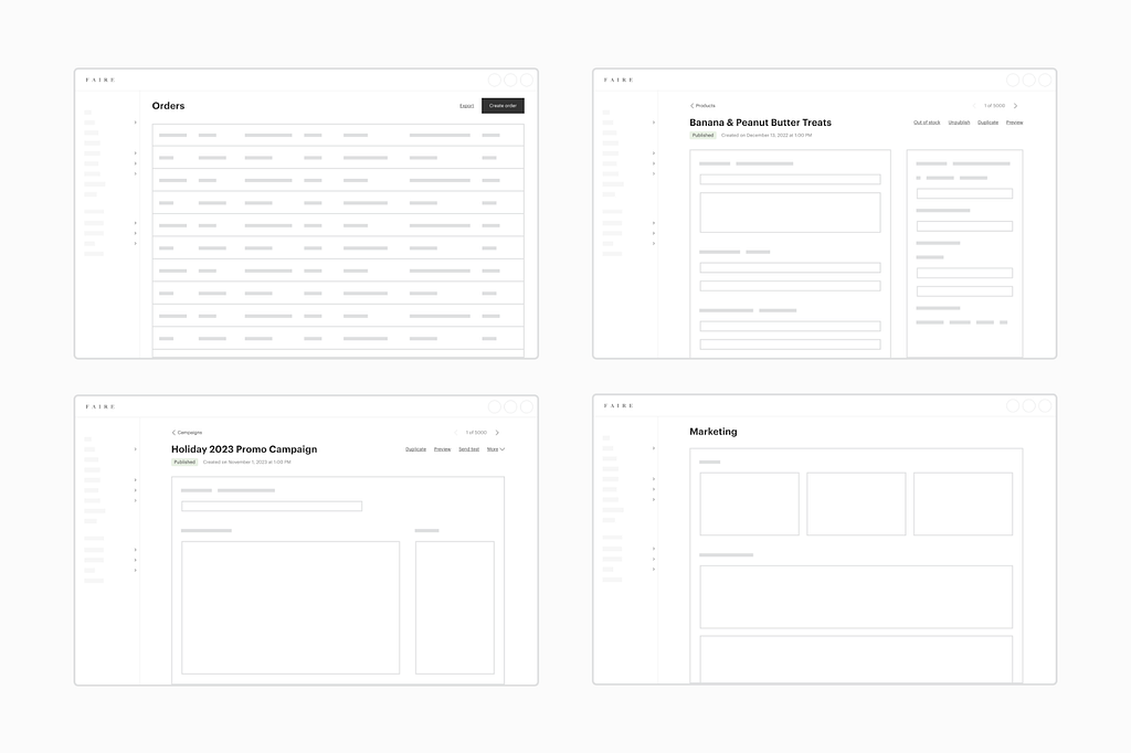 An illustration showing the Slate design system components for the brand portal — four screens: order page details, product page details, a campaign page, and a marketing page.