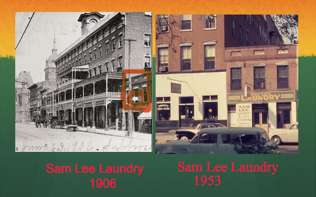 A picture with two photos of Sam Lee Laundry on 1906 and 1953