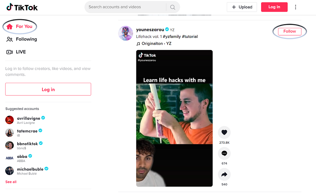 A screenshot of TikTok’s website. The top left says, “For You” and there is a circle with a gradient around it. The top right shows the “Follow” button. It also has another circle around it. In the middle is a video showing someone react to a video called “Learn Life Hacks with me”