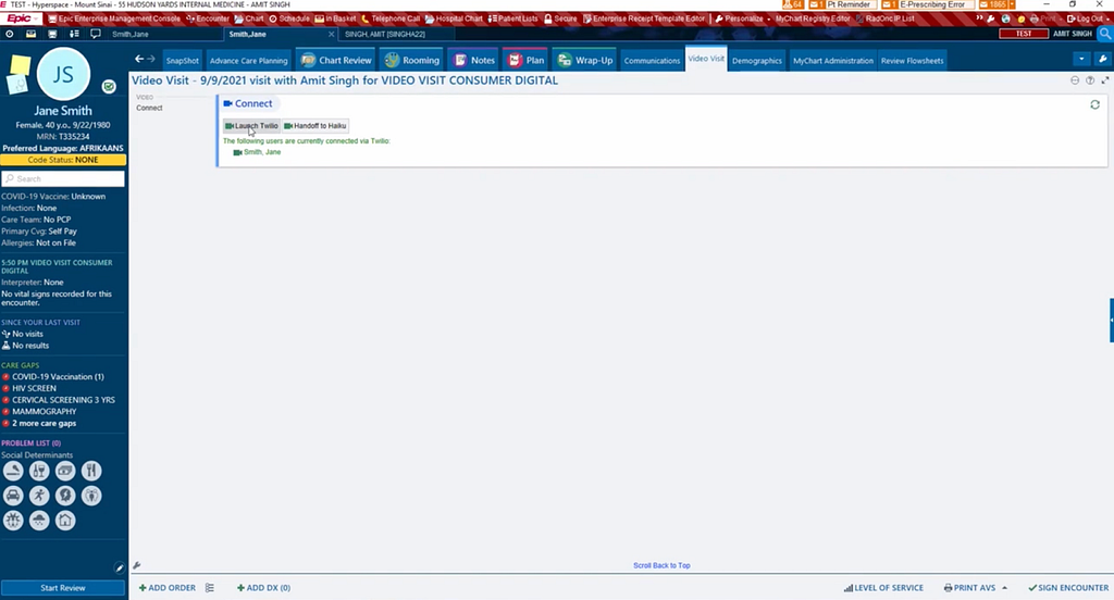 A screenshot of Epic’s Hyperspace, where a provider can click a button to start a CDP video visit.