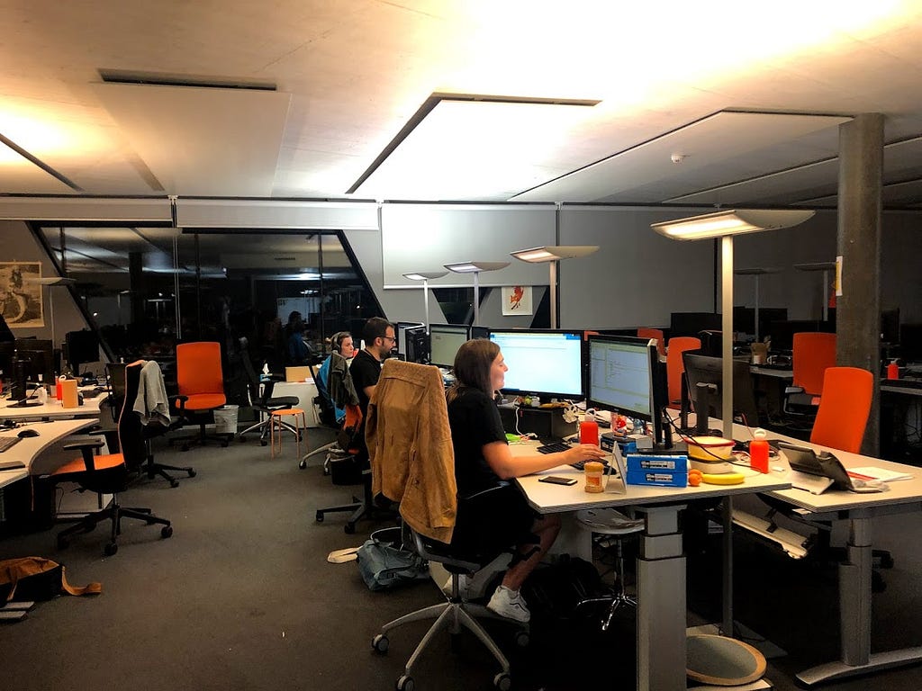 The team hard at work, in the middle of the night