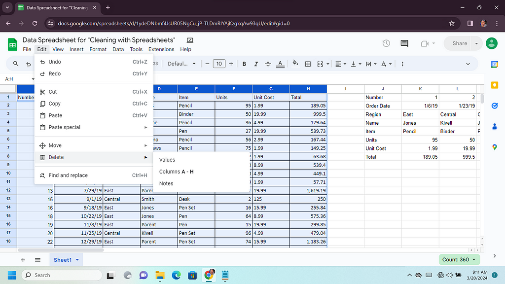 the transposed dataset can be seen in cell I-AS