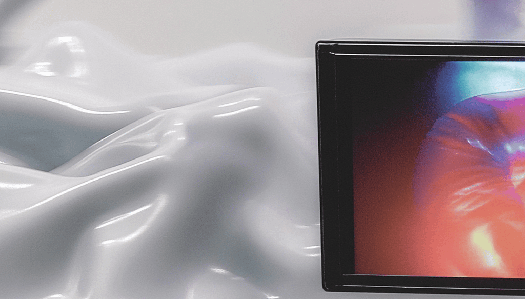 Melting interfaces, a computer screen shown partly.