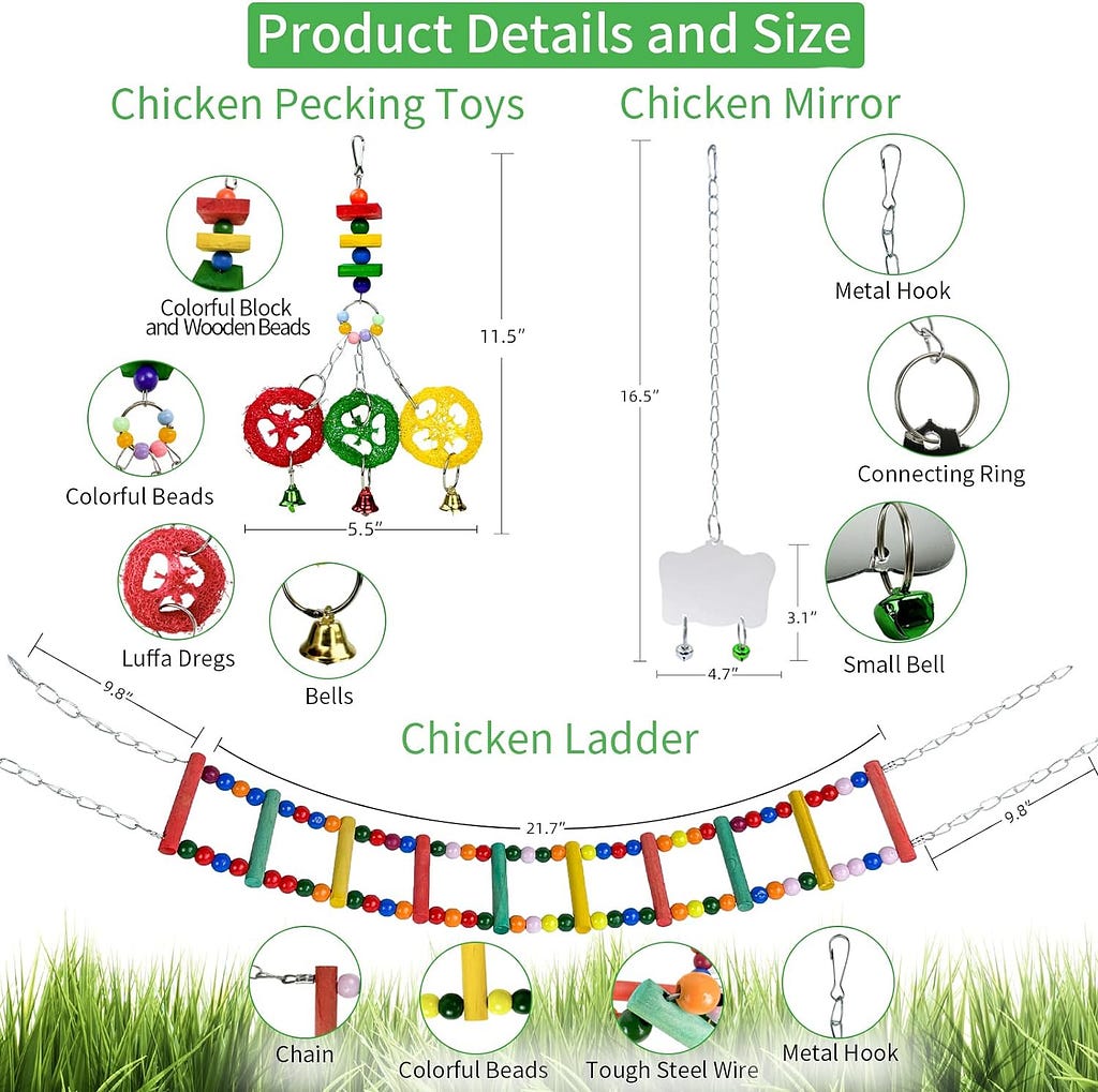 12 Pack Chicken Toys for Hens,Net Mirror Bell Xylophone String Vegetable Fruits Skewer Hanging Ladder Swings Coop Accessories for Hens Bird Parrot