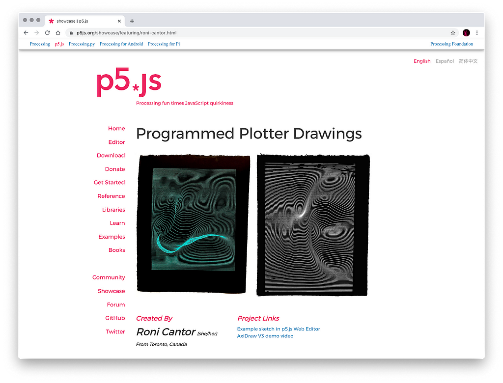 p5.js website with page titled “Programmed Plotter Drawings” and two images of plotter drawings in green and white.