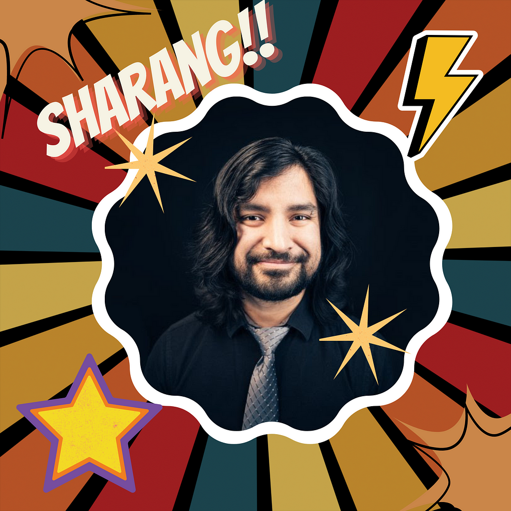 Sharang Biswas’s author photo, snazzed up with some comic book stars and lightning bolts