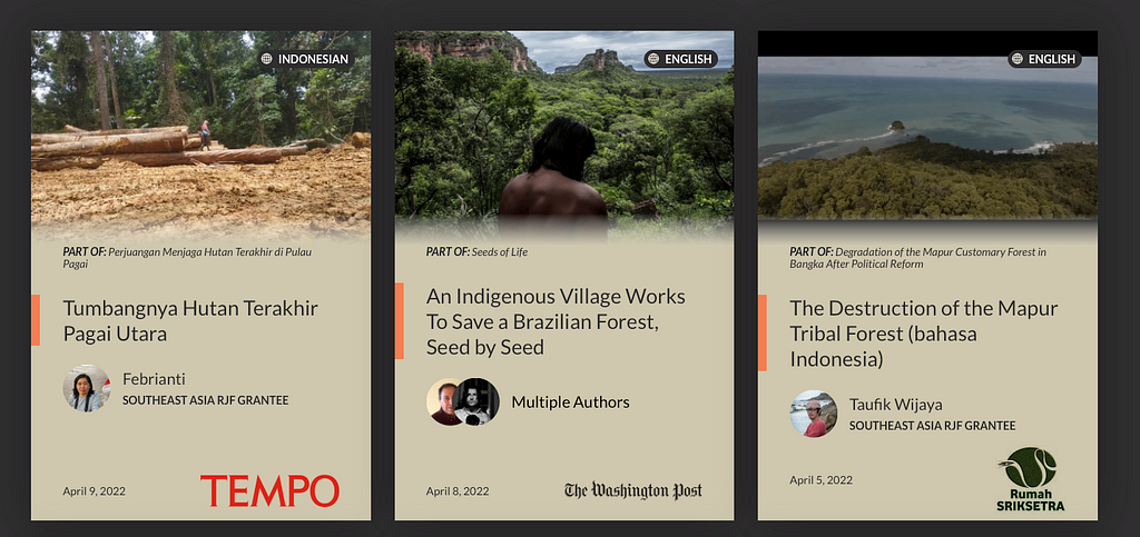 Three articles displayed on the Rainforest Journalism Fund website. From left to right these stories were originally featured in TEMPO, The Washington Post, and Rumah Sriksetra.
