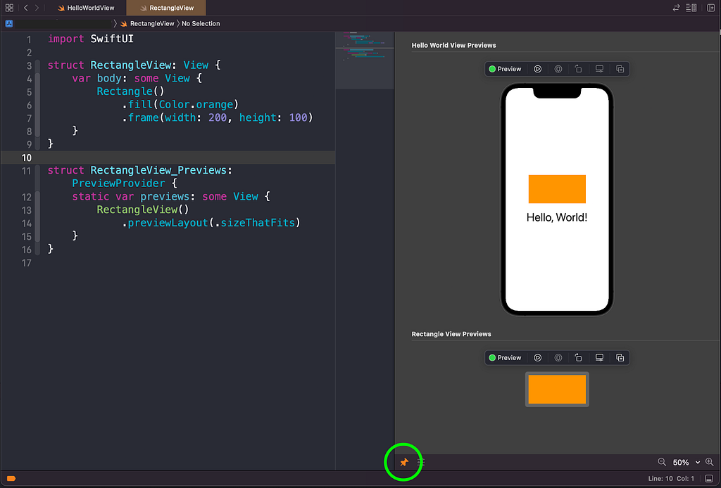 Screenshot of Xcode environment with a SwiftUI view presenting a Hello Word view. There is also a green circle at the left bottom corner of the Canvas, showing where the Pin button is located.