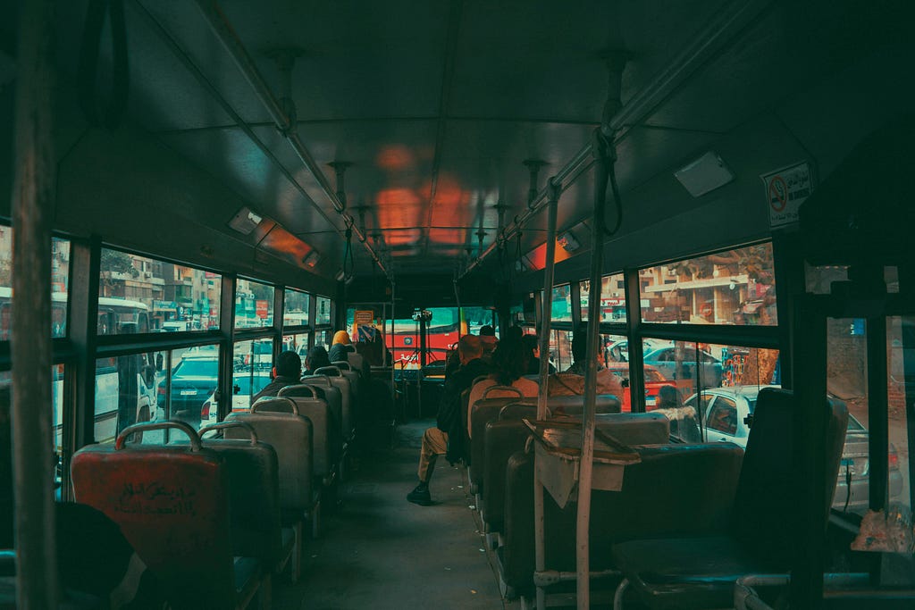 the interior of a large bus