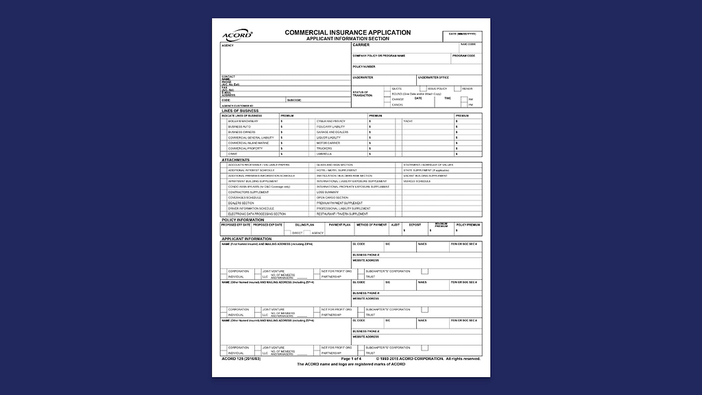 ACORD 125: Commercial Insurance Application