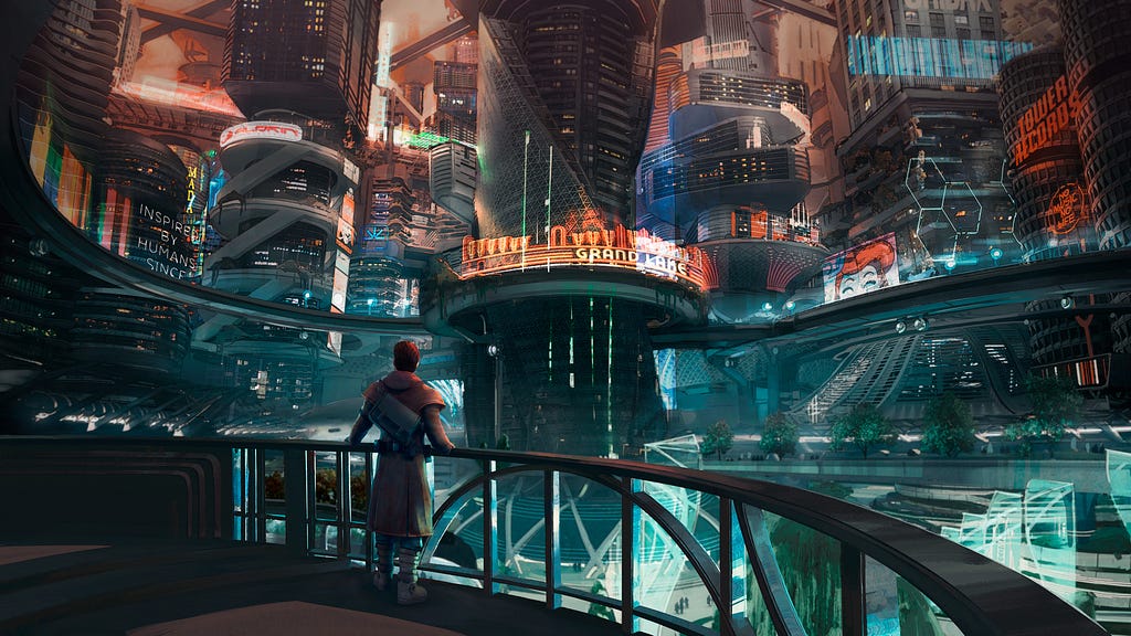A futuristic city vista filled with skyrises, neon lights, and holograms.