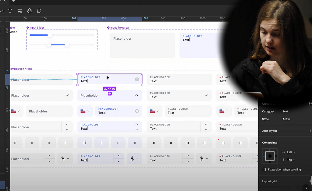Screenshot from Figma, where the author is demonstrating working with inputs during the design process.