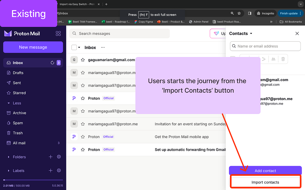 An image is a screenshot of Proton Mail, where an user has opened a contact functionality, and sees an ‘import contacts’ button.