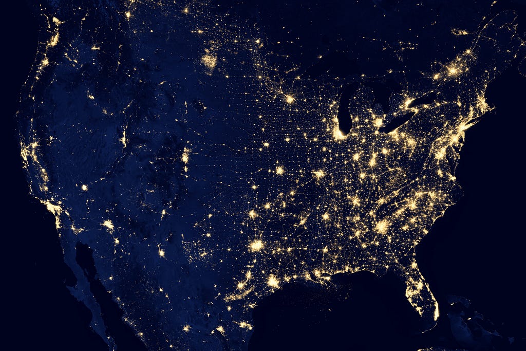A picture taken by NASA of America at night