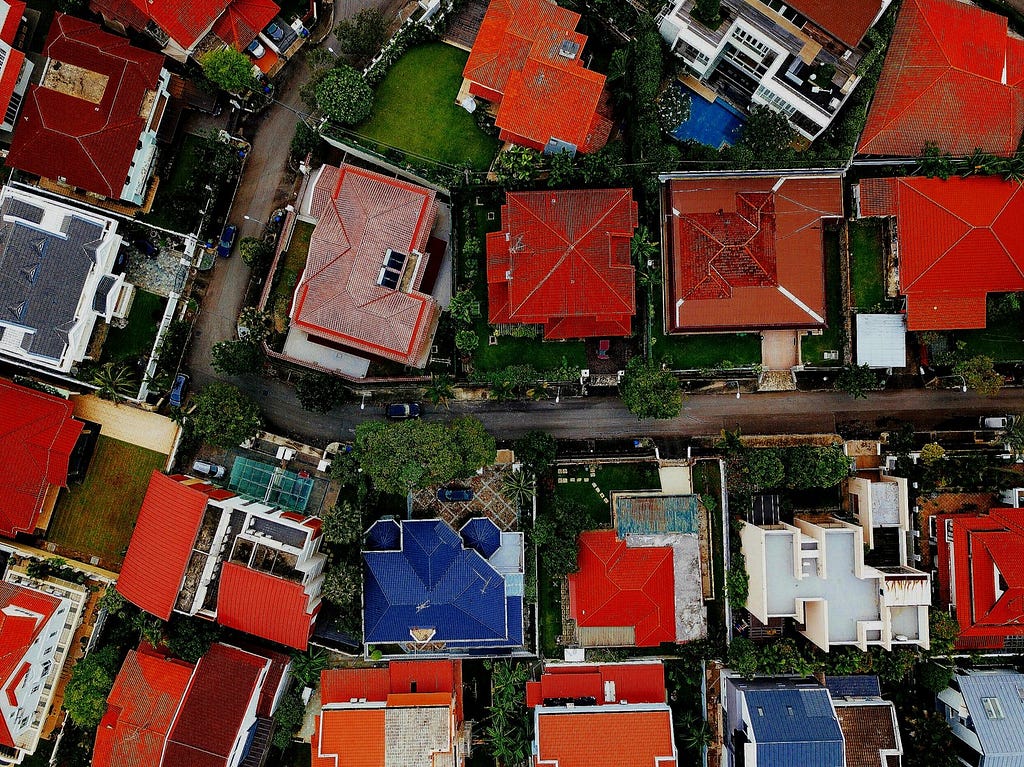 A distorted overhead image of a housing development.