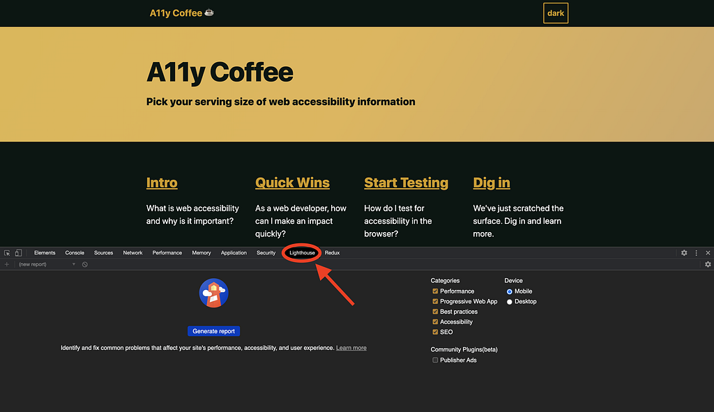 a11y.coffee, a collection of information and resources about web accessibility, with Chrome DevTools open