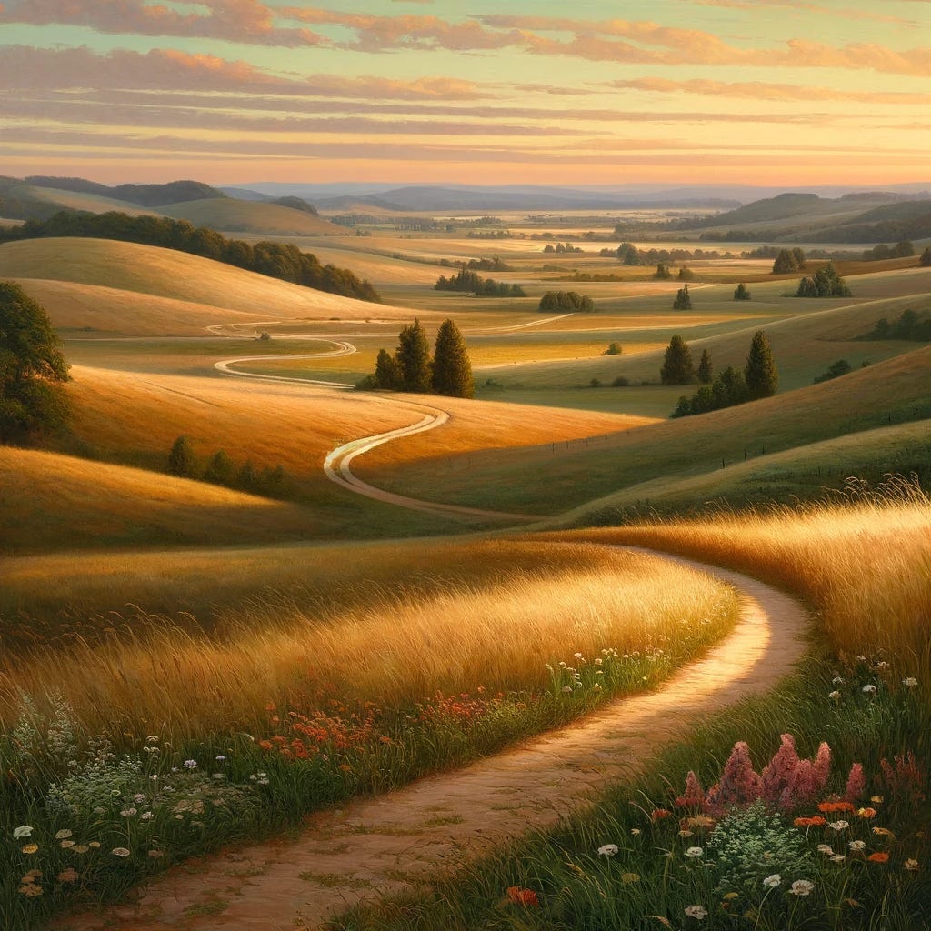 A shepherd’s pathway — a dirt track winding down a grassy slope and through a wide valley bordered by rolling hills. The image evokes the freedom and beauty of the journey of Jesus spirituality.