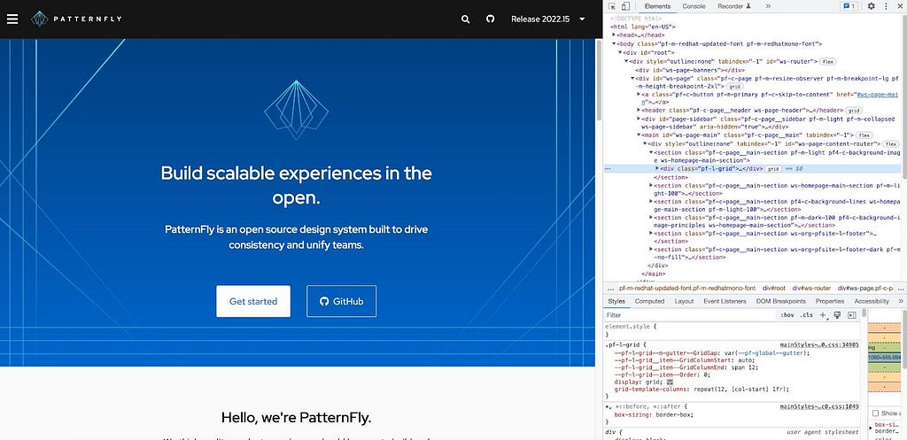 The DOM structure in Chrome’s dev tools for PatternFly.org