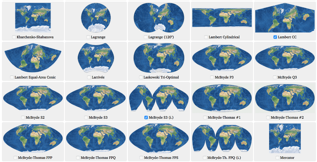 Various map projections, each with their own distortions