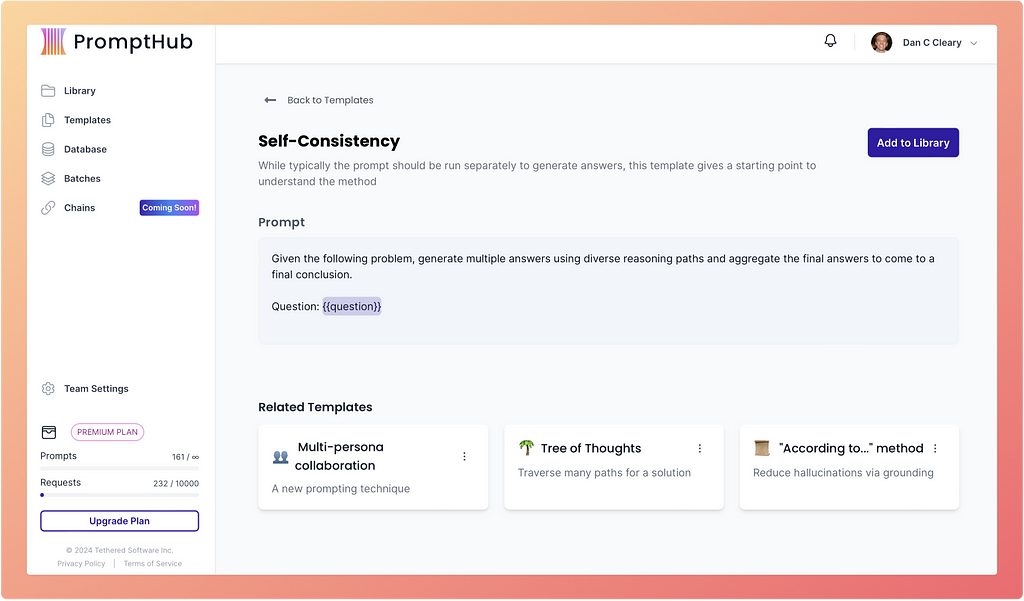 Self Consistency Prompting template in the PromptHub dashboard