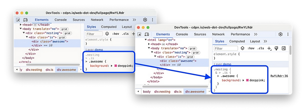 Enhanced CSS Nesting Support in Chrome DevTools
