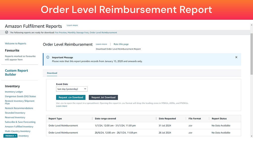 Screenshot of Amazon FBA Order Level Reimbursement Report