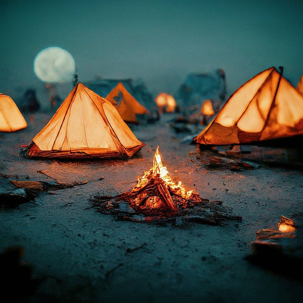 Illuminated tents under a full moon highlighting the stark and somber reality of climate migrant camps.