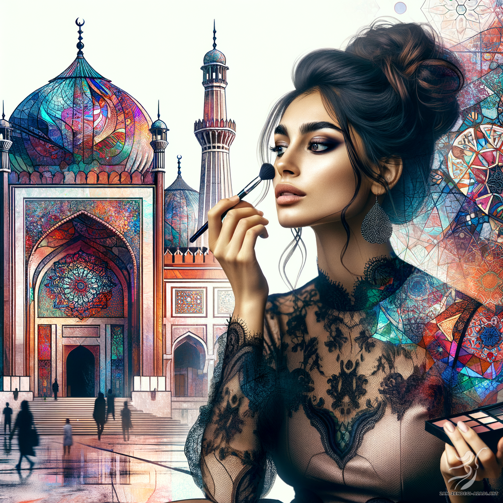 One  woman with a updo hairstyle and wearing a lace dress is applying makeup tastefully on a street and a traditional mosque known for its colorful stained glass like Nasir al-Mulk Mosque in the background , rendered with abstract forms and a collage of different perspectives