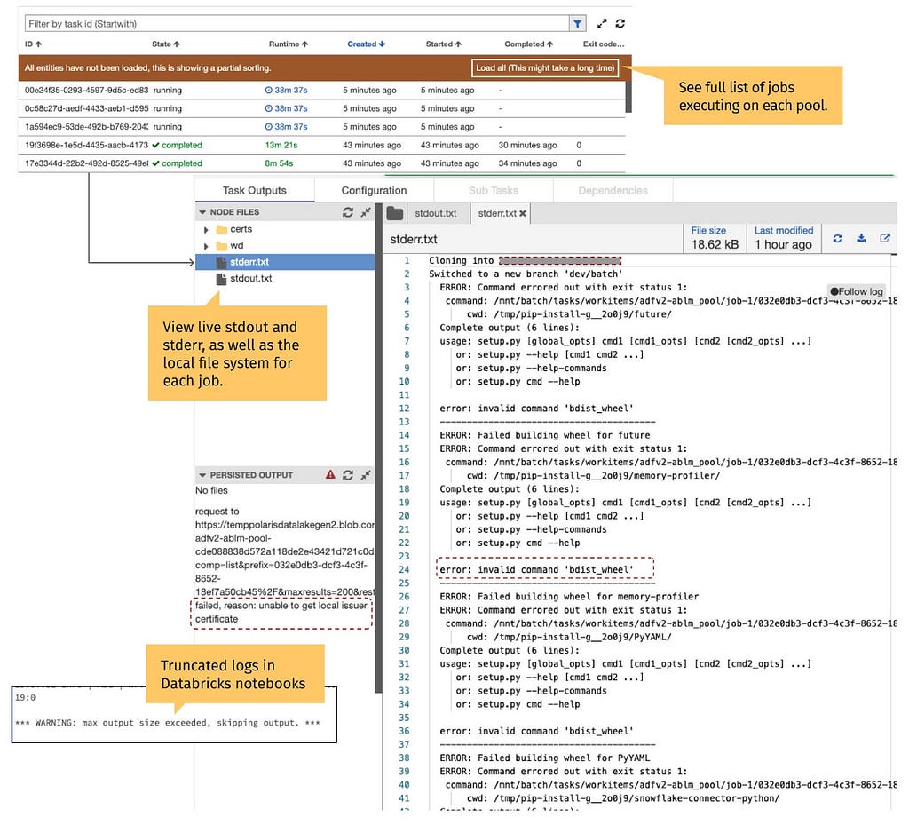 Schema showing improved Observability and Debugging using Azure Batch.