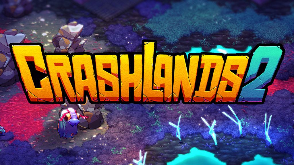 Screenshot showing some environmental terrain tiles and one creature overlaid with a simple Crashlands 2 logo
