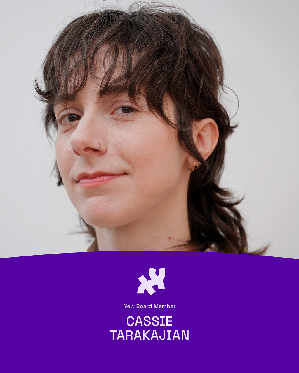 A graphic with an image of our new board member, Cassie Tarakajian. Their profile photo sits on top of a dark purple graphic element at the bottom in the shape of a hill which reads, “New Board Member Cassie Tarakajian” with the Processing logo in white on top of the text.