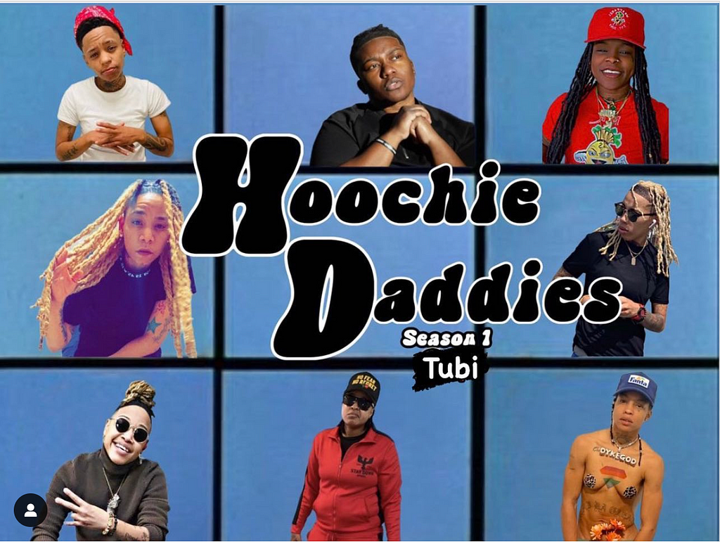 All 8 studs from TUBI original series Hoochie Daddies in a Brady Bunch style blue grid
