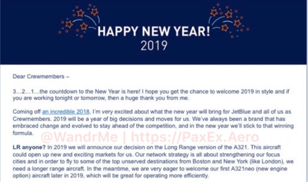 A New Years message from JetBlue CEO Robin Hayes to employees