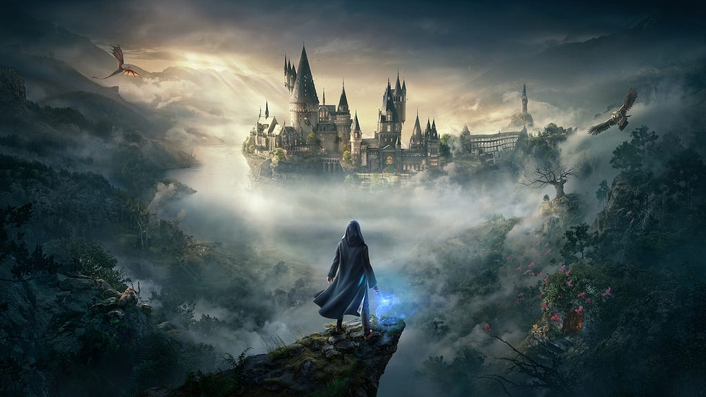 The cover art for the new game. The player character stand in the foreground looking out over a misty landscape, the school/castle rising from the mist in the extreme background.