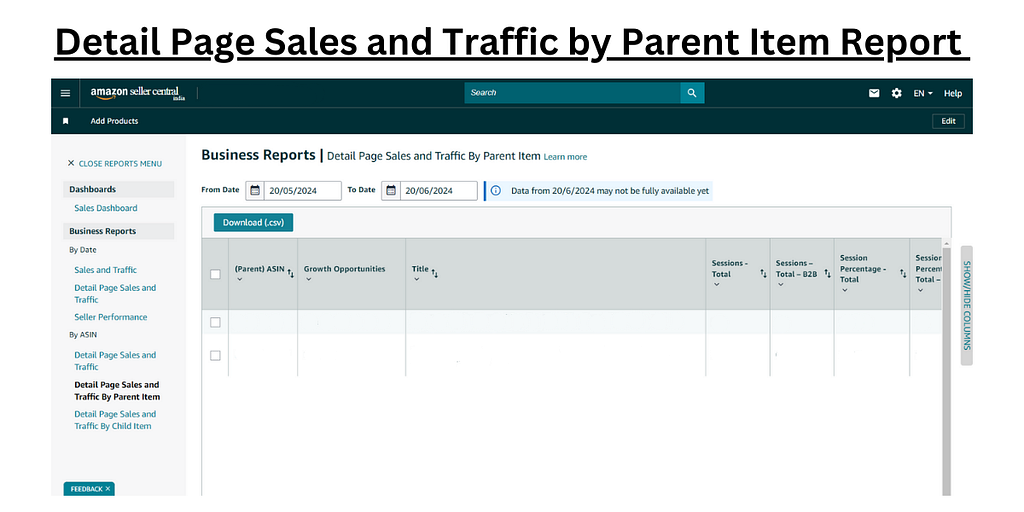 Screenshot of Amazon Detail Page Sales and Traffic by Parent Item report